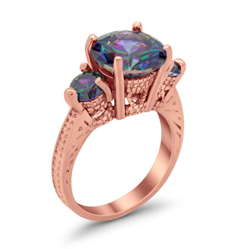 Three Stone Ring Round Rose Tone, Simulated Rainbow CZ & Rainbow 925 Sterling Silver